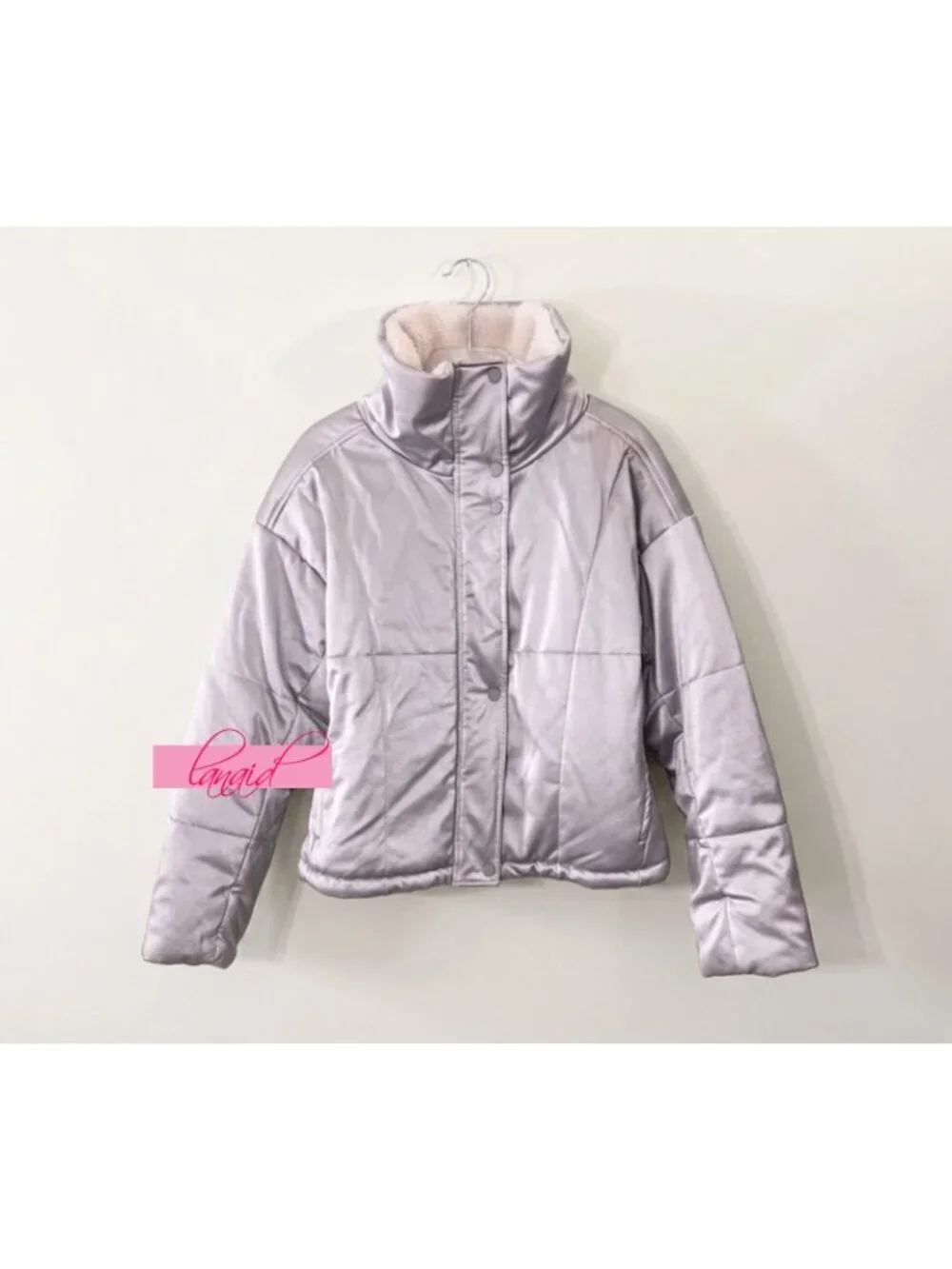 Alo Orion Cropped Puffer Silver Ivory Shiny Metallic Warm Sherpa-Lined Coat L